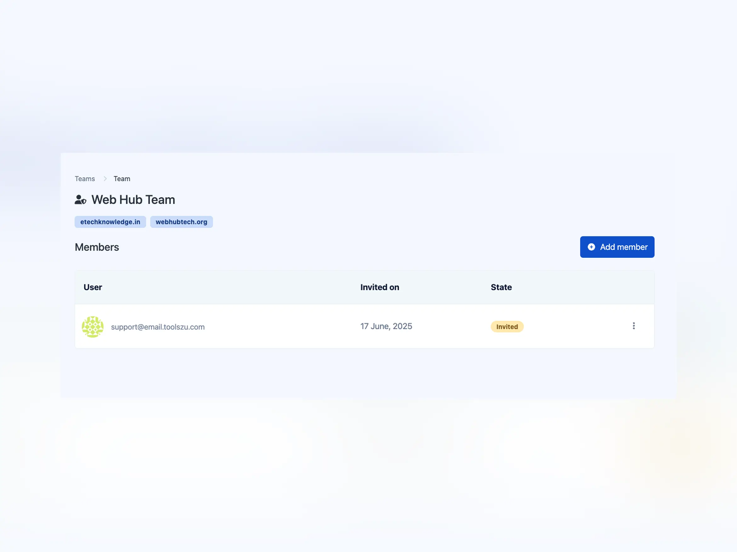 Screenshot of the app teams page