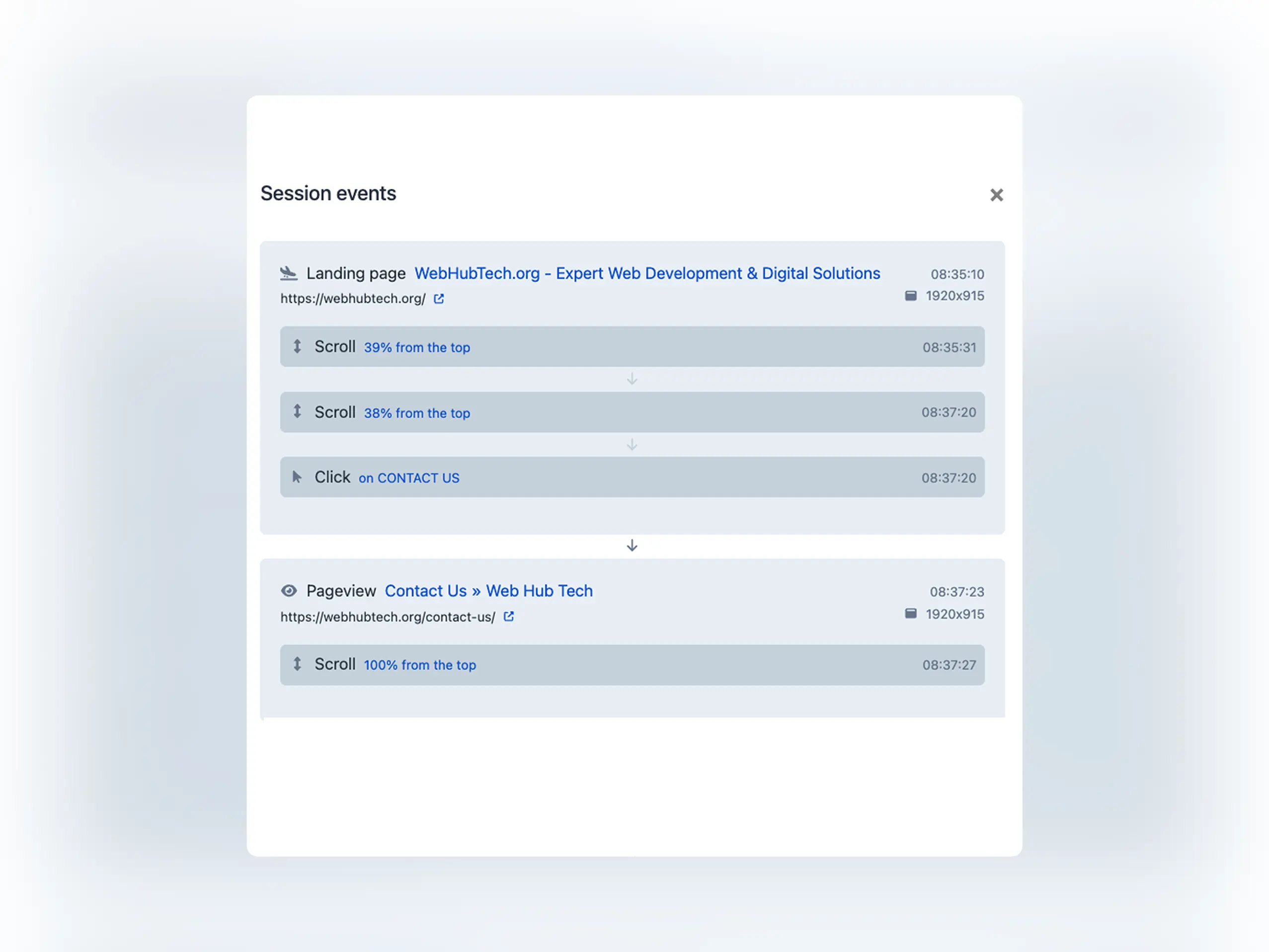 Screenshot of the app visitor events list page